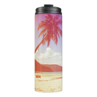 Beach scene, coconut tree, wooden bed. thermal tumbler