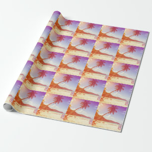 Beach scene, coconut tree, wooden bed. wrapping paper