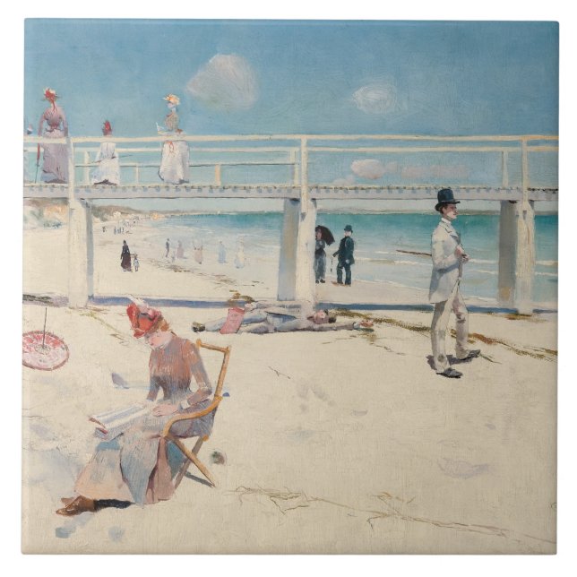 Beach Scene (Holiday at Mentone) (Australian Art) Ceramic Tile (Front)