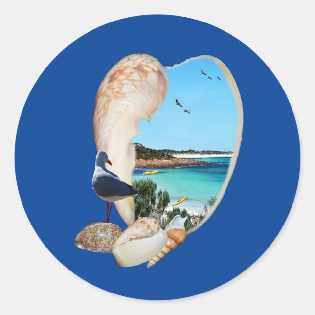 Beach Scene In A Beach Shell Wall, Classic Round Sticker (Front)