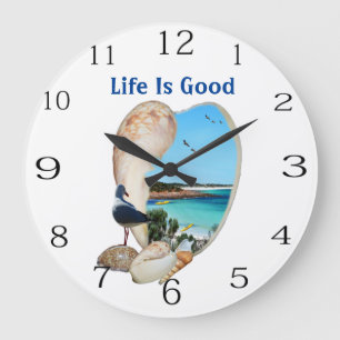 Beach Scene In A Beach Shell Wall Clock. Large Clock
