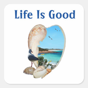 Beach Scene In A Beach Shell Wall, Square Sticker