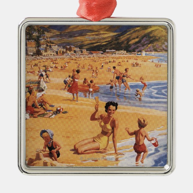 Beach Scene Mother and Kids British Rail Metal Ornament (Front)