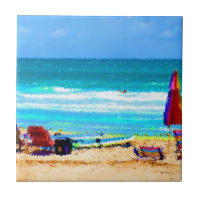 beach scene painterly chairs surfboards umbrellas ceramic tile (Front)