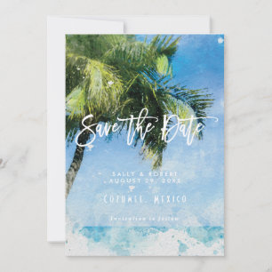 beach scene palm tree wedding save the date card