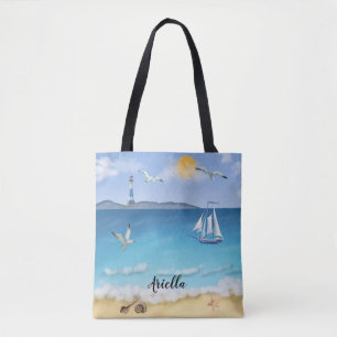 Beach Scene Sailboat Seagulls Lighthouse Tote Bag
