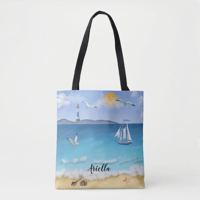 Beach Scene Sailboat Seagulls Lighthouse   Tote Bag (Front)