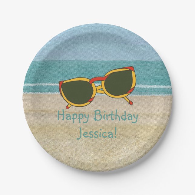 Beach Scene Sunglasses Personalised Birthday Plate (Front)