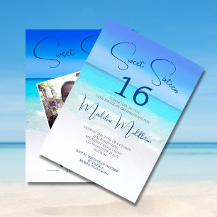 Beach Scene Sweet Sixteen Blue Photo Birthday Invitation