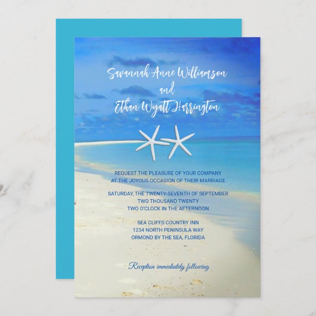 Beach Scene White Starfish Wedding Invitation (Front/Back)