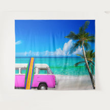 Beach Scene with Fuchsia Pink Van and Surfboard
