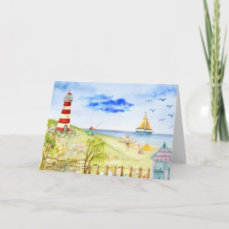 Beach Scene with Lighthouse Watercolor 5 x 7 Card