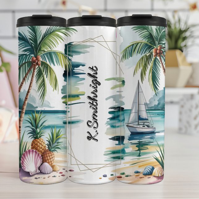 Beach Scene with Sailboat and Palms Thermal Tumbler (Creator Uploaded)
