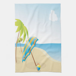 Beach Scene with Umbrella, Palm Trees & Beach Ball Tea Towel