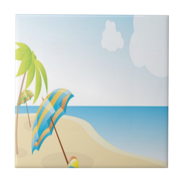 Beach Scene with Umbrella, Palm Trees & Beach Ball Tile (Front)