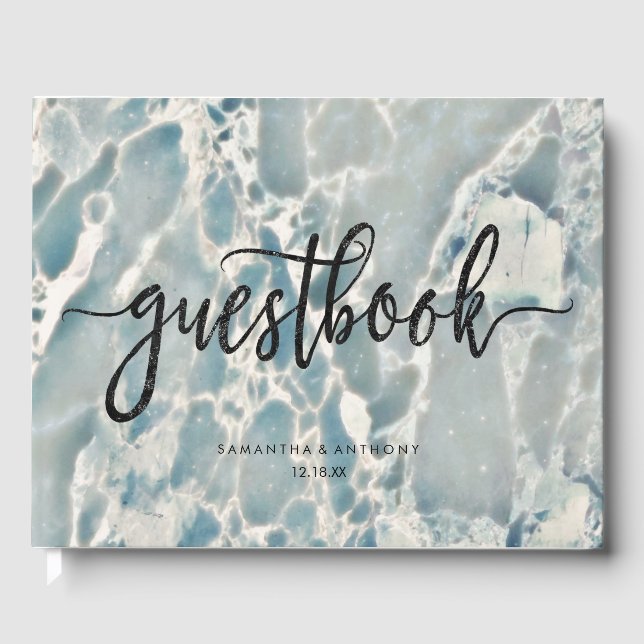 Beach Sea Glass Ocean Blues Aqua Wedding Monogram Guest Book (Front)