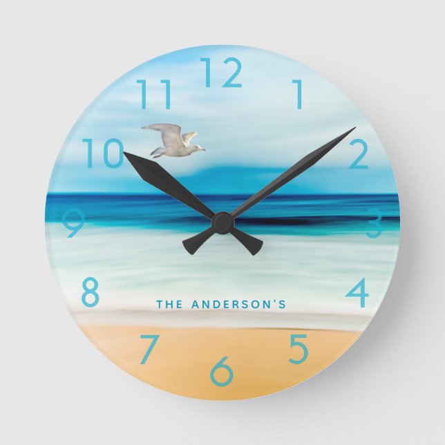 Beach sea ocean family name round clock (Front)