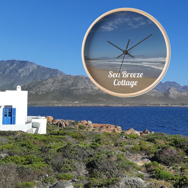 Beach Sea Sand Blue and White Modern Photo Text Clock (Front with Background)