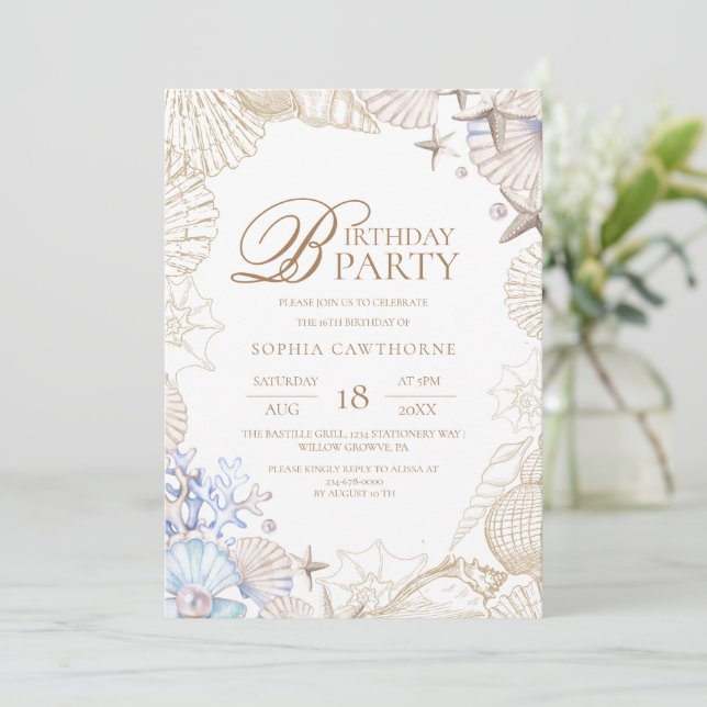 Beach Sea Shell 16th Birthday Party  Invitation (Standing Front)