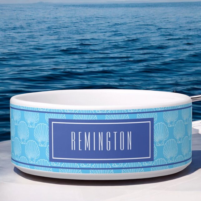 Beach Sea Shell Pattern On Blue Custom Pet Name Bowl (pet bowl front with seashell pattern on blue and template text for name)