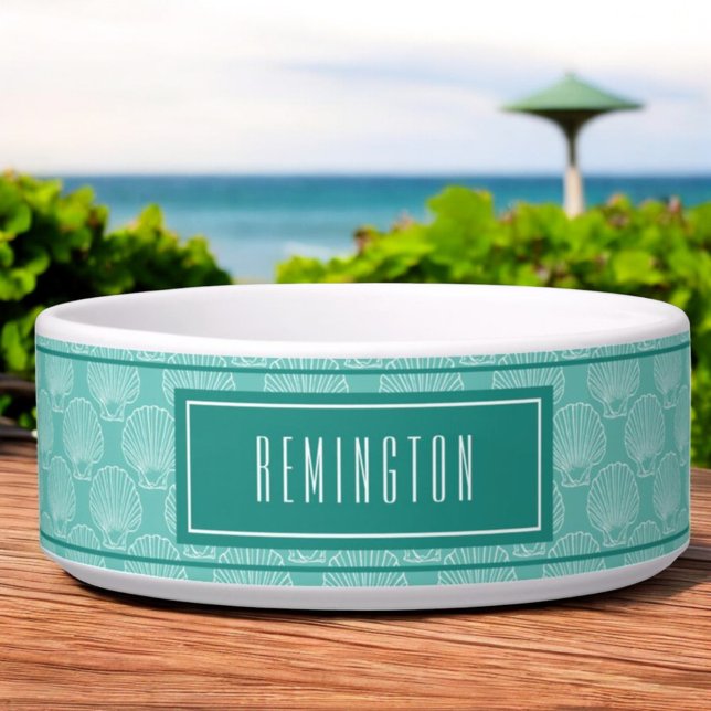 Beach Sea Shell Pattern On Green Custom Pet Name Bowl (ceramic pet bowl seashell pattern on green with template text front)