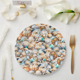 Beach sea shells iridescent collage nautical chic paper plate