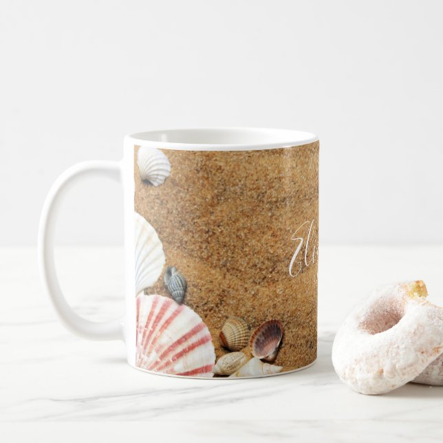 Beach Sea Shells Monogram Vacation Island Coffee Mug (With Donut)