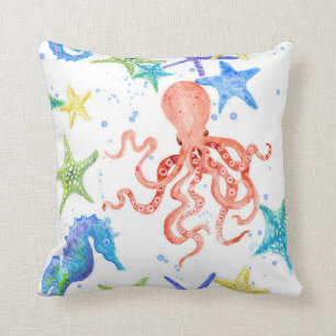 Beach Sea Shore Red Octopus Seahorse Starfish Art Cushion