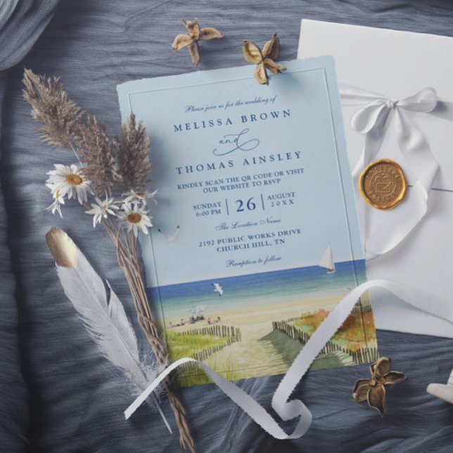 Beach Sea Tropical Sandy Elegant QR Code Wedding Invitation (Creator Uploaded)
