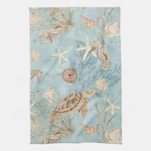 Beach Sea Turtle Ocean Seahorse Shells Starfish Tea Towel