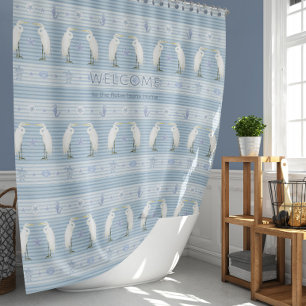 Beach Sea Turtle Seahorse Egret Blue Striped Bath Shower Curtain
