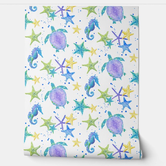 Beach Sea Turtle Watercolor Starfish Seahorse Baby Wallpaper (Unrolling)
