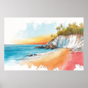 Beach Seacoast Illustration Pastel Colour Drawing Poster