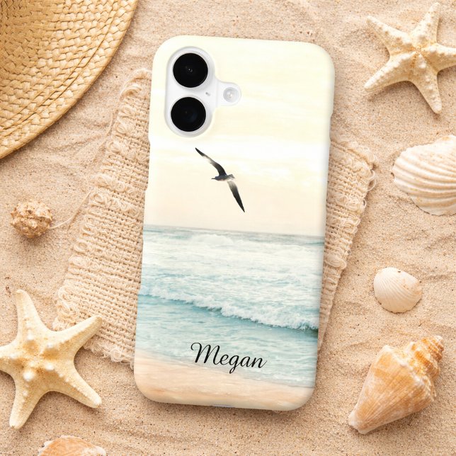 Beach Seagull Photography with Name iPhone 17  (Add your Name Coastal Beach and Seagull iPhone 17 Case)