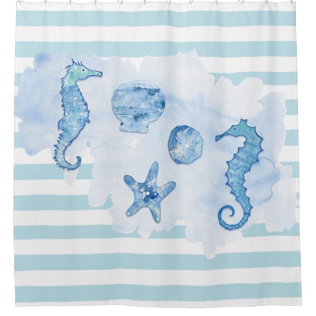 Beach Seahorse Sand Dollar Starfish Blue White  Shower Curtain (Front)