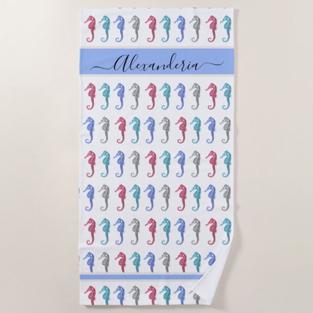   Beach Seahorse Tropical pink grey blue teal  Beach Towel (Front)
