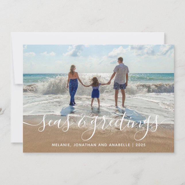 Beach Seas and Greetings Handwritten Script  Holiday Card (Front)
