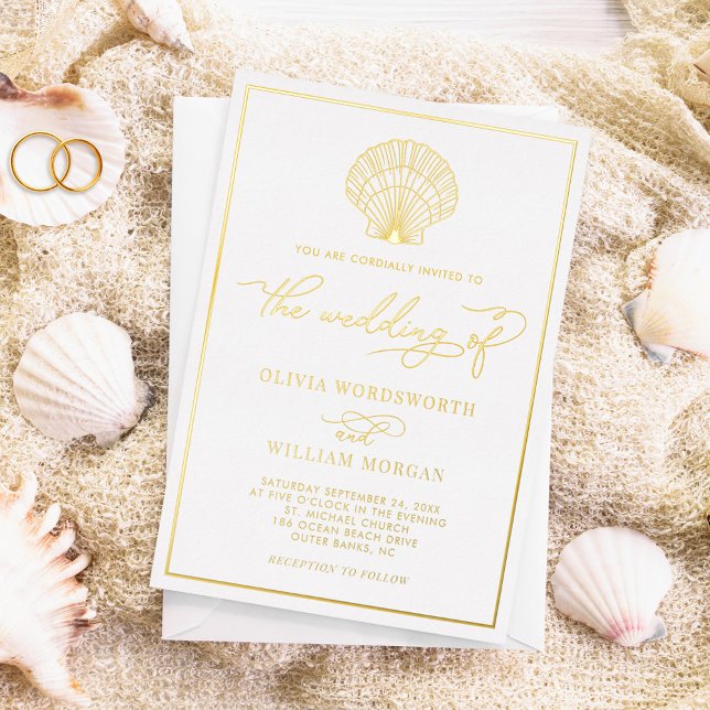 Beach Seashell Elegant Wedding Foil Invitation (Creator Uploaded)