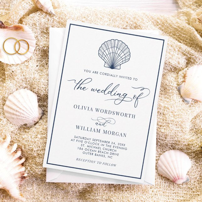 Beach Seashell Elegant White Navy Wedding Invitation (Creator Uploaded)