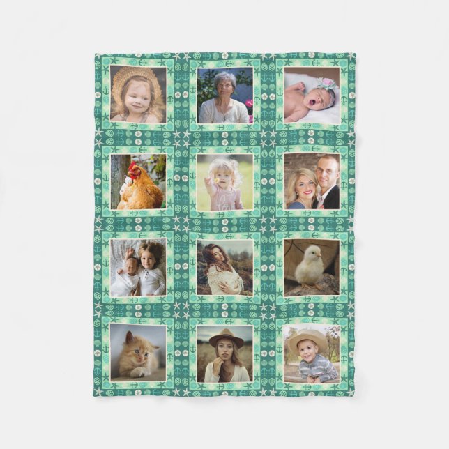 Beach Seashell Faux Quilted Teal Photo Collage Fleece Blanket (Front)