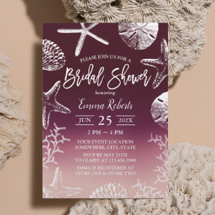 Beach Seashell Starfish Burgundy Red Bridal Shower Invitation