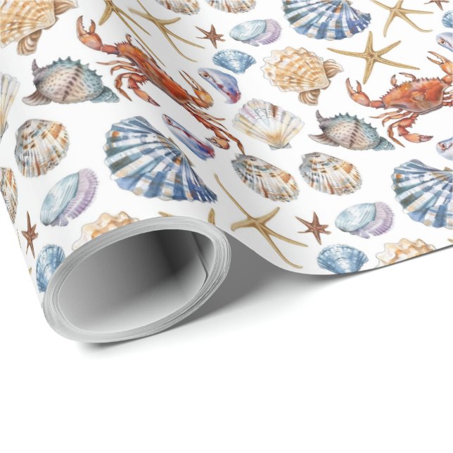 Beach Seashelle Starfish Crab Themed Gift Wrapping Paper (Roll Corner)