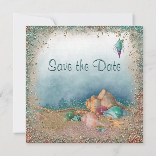 Beach Seashells and Glitter Save the Date Wedding (Front)