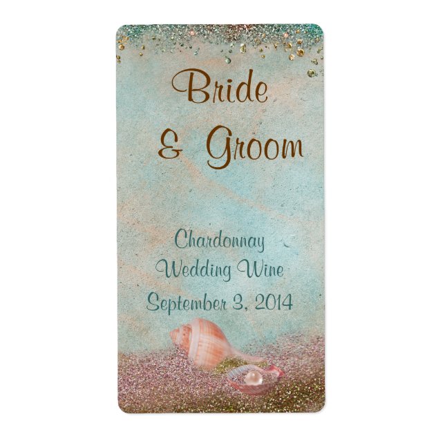 Beach Seashells and Glitter Wedding Wine (Front)