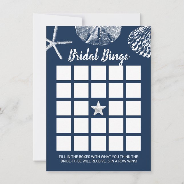 Beach Seashells Bridal Shower Bingo Game Navy Blue Invitation (Front)