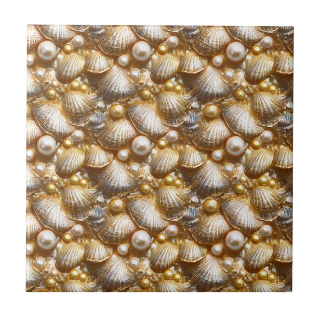 Beach seashells gold pearl clam lustre shells ceramic tile (Front)
