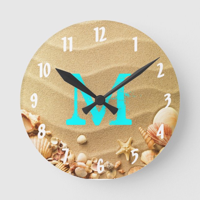 Beach Seashells Hawaii Monogram Initial Wall Clock (Front)