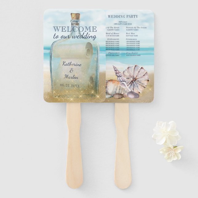 Beach Seashells Message in a Bottle Wedding Party Hand Fan (Front and Back)