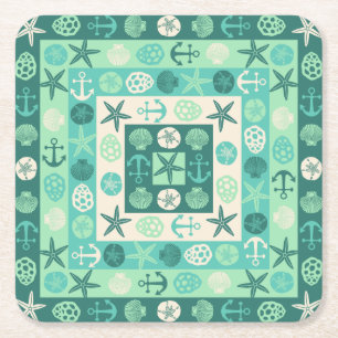 Beach Seashells Nautical Modern Teal Green Square Paper Coaster