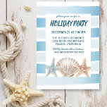 Beach Seashells Nautical Stripes Holiday Party Invitation<br><div class="desc">Nautical Holiday party invitation featuring hand painted,  watercolor beach seashells with brushstroke,  rustic blue and white stripes.  Party details are in navy blue lettering and can be easily personalised.  Reverse side is a classic navy blue.</div>